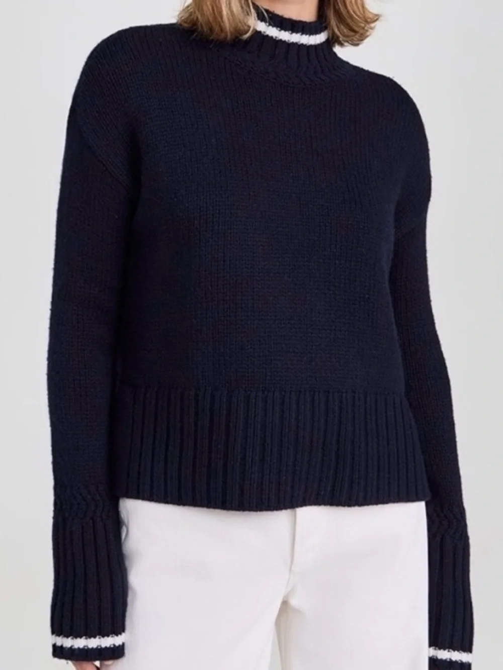 Veronica Beard Lancetti High Neck Ribbed Sweater Small Navy Blue White Wool Sm S